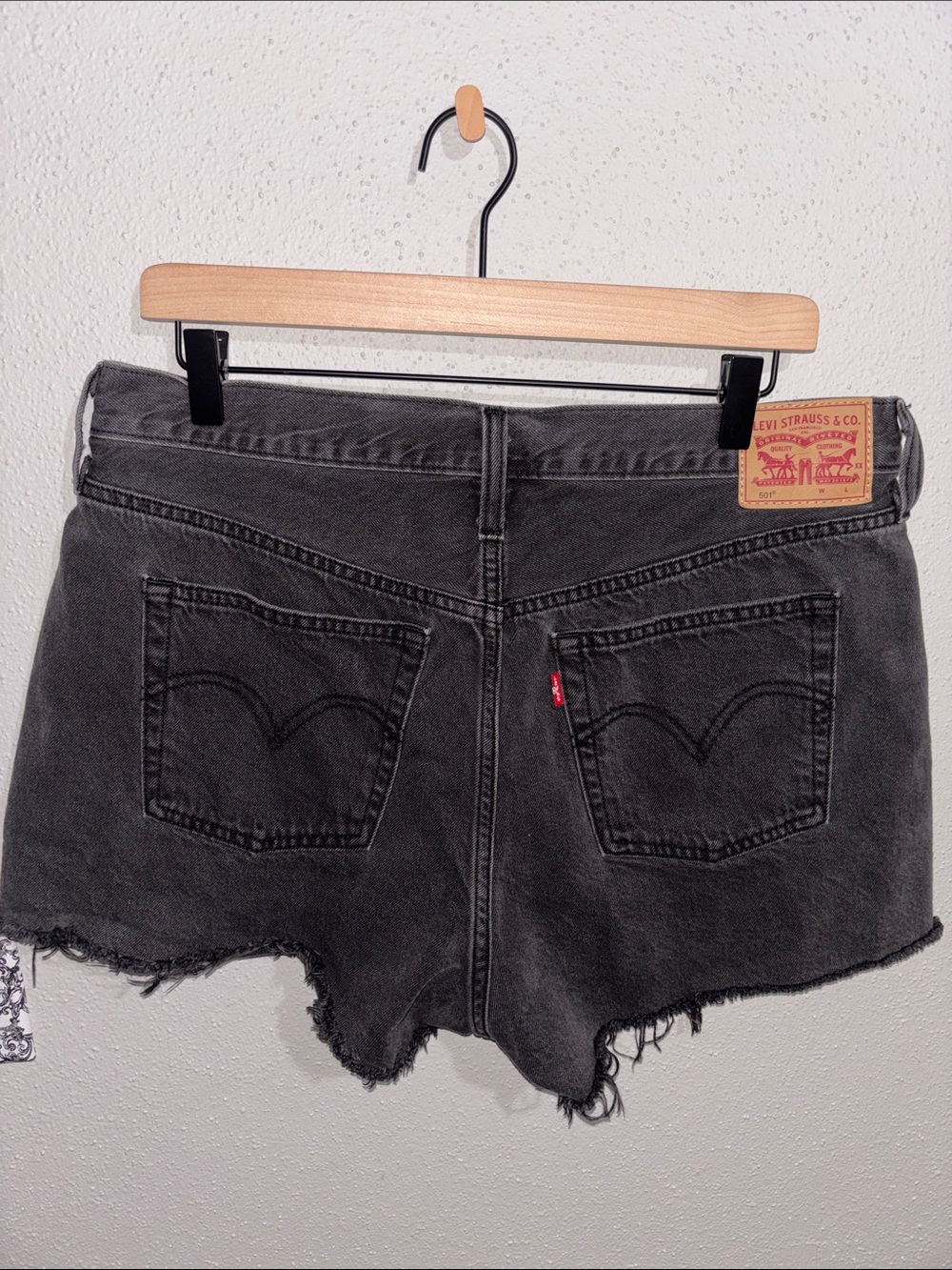 Levi's - women’s 501 high rise Black Frayed Denim Cutoff Shorts (size 33)